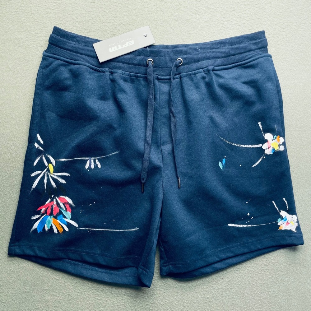 EPTM Men Sweat Shorts Navy Blue Cotton Blend L Streetwear Floral Painted Ep11456